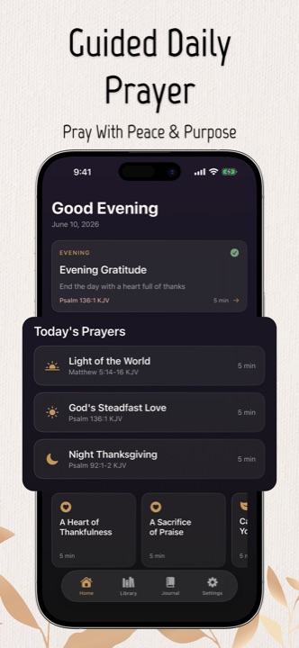 Guided daily prayer home screen in the Bible Prayer app with today's prayers and KJV verses