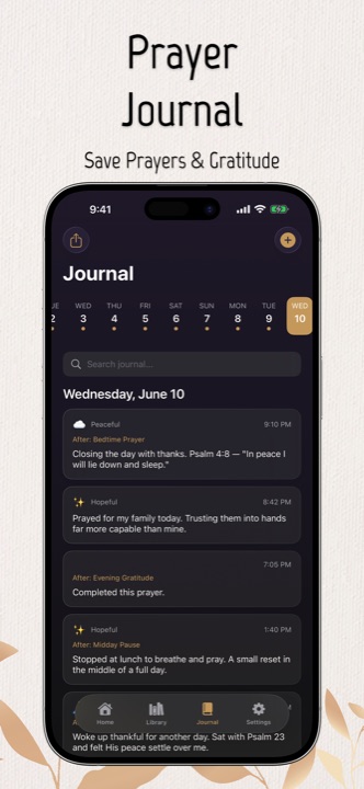 Private prayer journal with mood tracking and daily entries