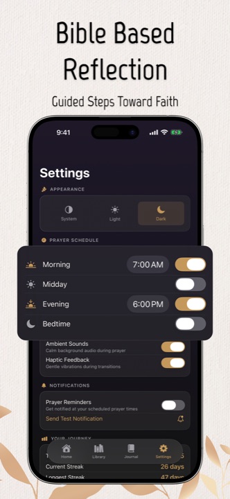 Prayer schedule settings with morning, midday, evening and bedtime reminders